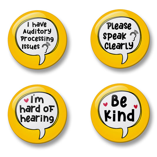 APD Auditory Processing Issues Awareness Pin Badge Set – Set of 4 Pins, 32mm or 44mm