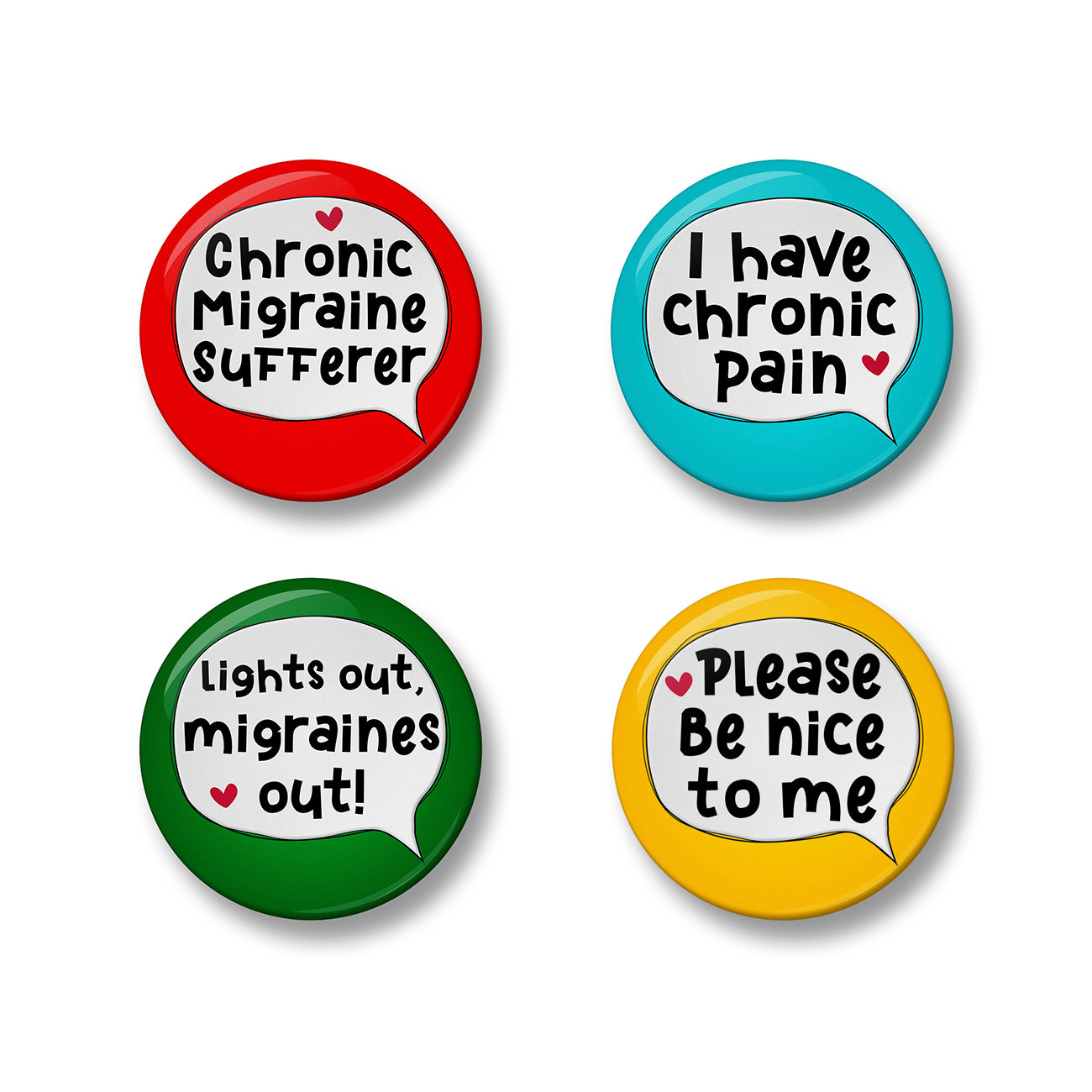 Migraine Awareness Pin Badge Set – Set of 4 Pins, 32mm or 44mm