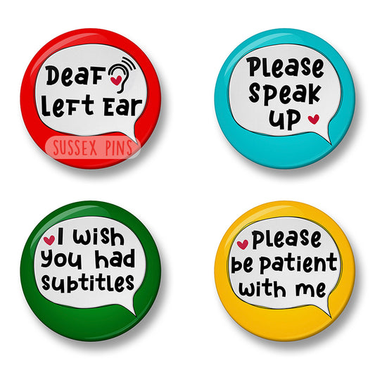 Deaf Left Ear - Right Ear Awareness Pin Badge Set – Set of 4 Pins, 32mm or 44mm