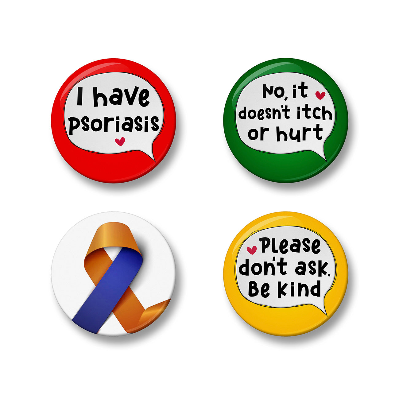 Psoriasis Awareness Pin Badge Set – Set of 4 Pins, 32mm or 44mm