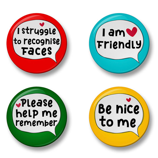 Prosopagnosia Awareness Pin Badge Set – Set of 4 Pins, 32mm or 44mm