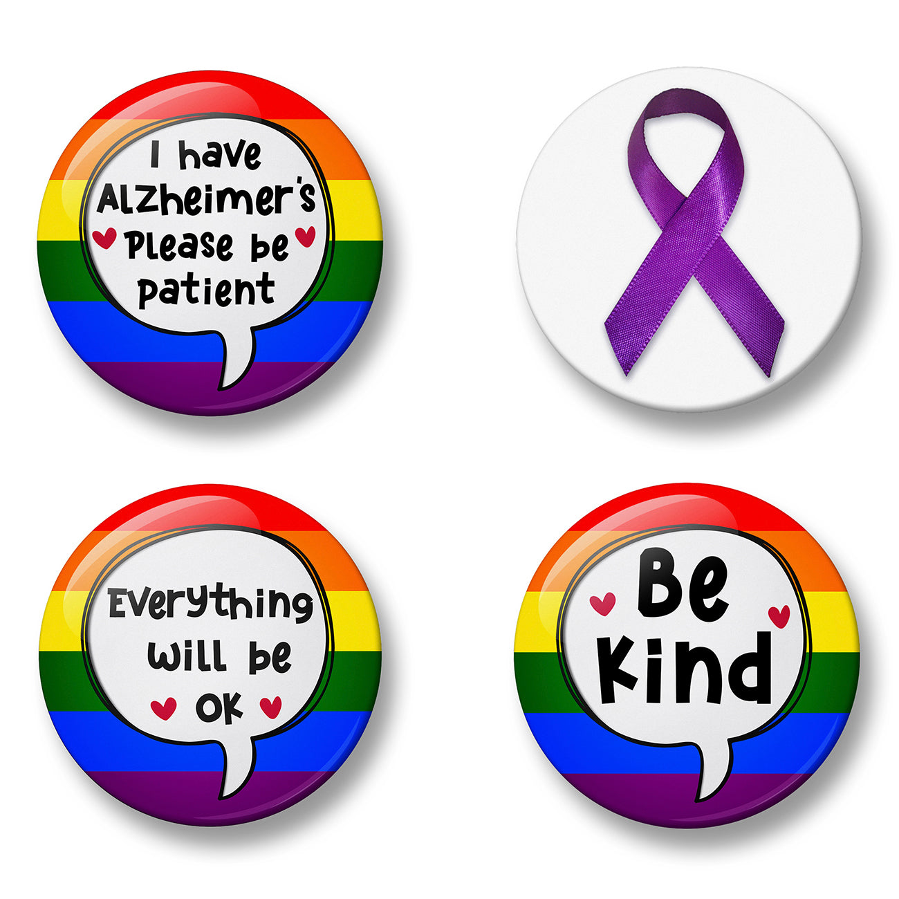 Alzheimer's Awareness Pin Badge Set – Set of 4 Pins, 32mm or 44mm