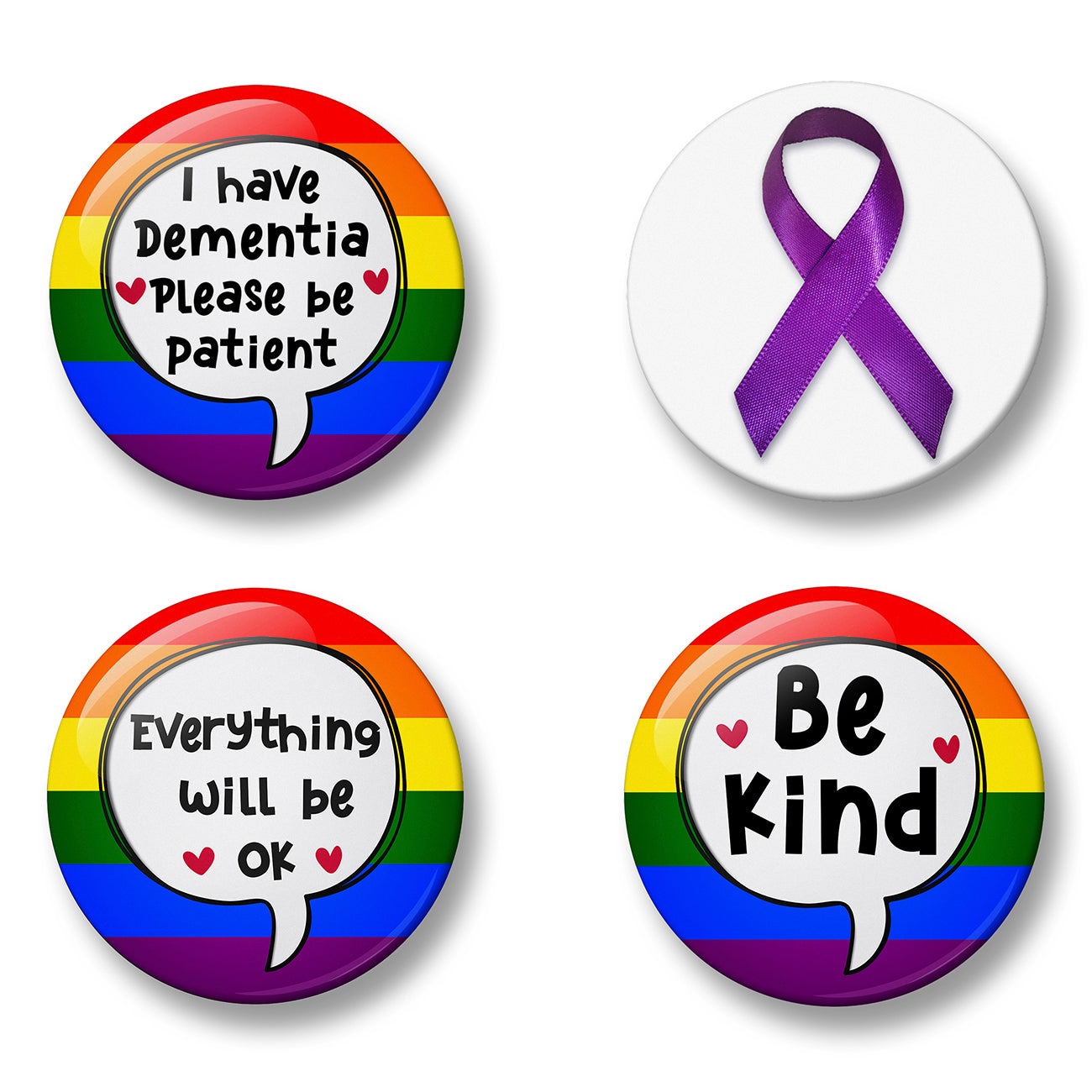 Dementia Awareness Pin Badge Set – Set of 4 Pins, 32mm or 44mm