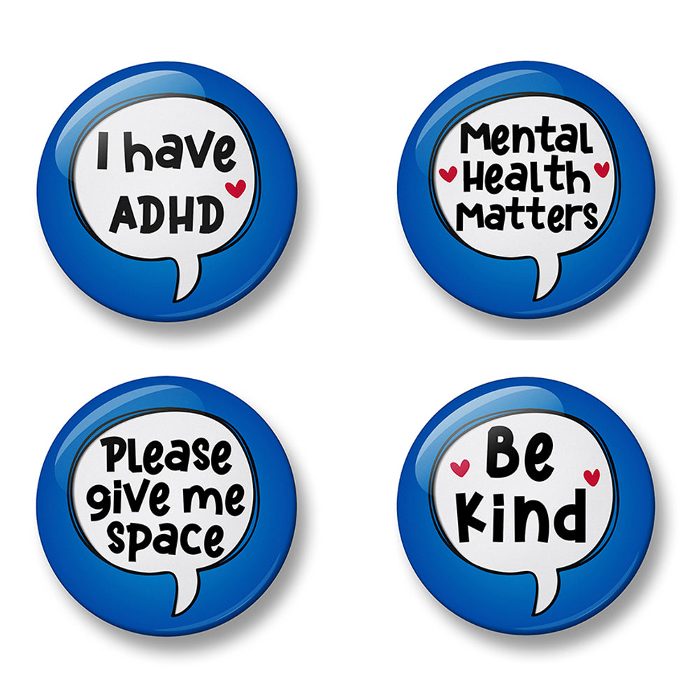 ADHD Awareness Pin Badge Set – Set of 4 Pins, 32mm or 44mm