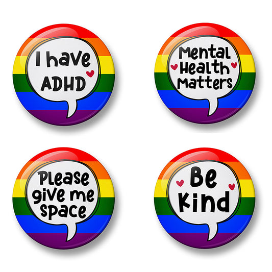 ADHD Awareness Pin Badge Set – Set of 4 Pins, 32mm or 44mm