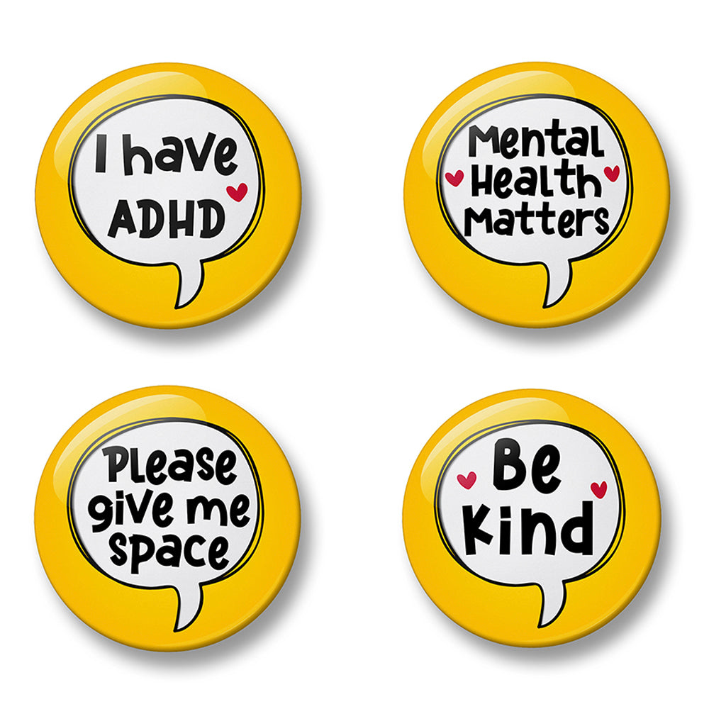 ADHD Awareness Pin Badge Set – Set of 4 Pins, 32mm or 44mm