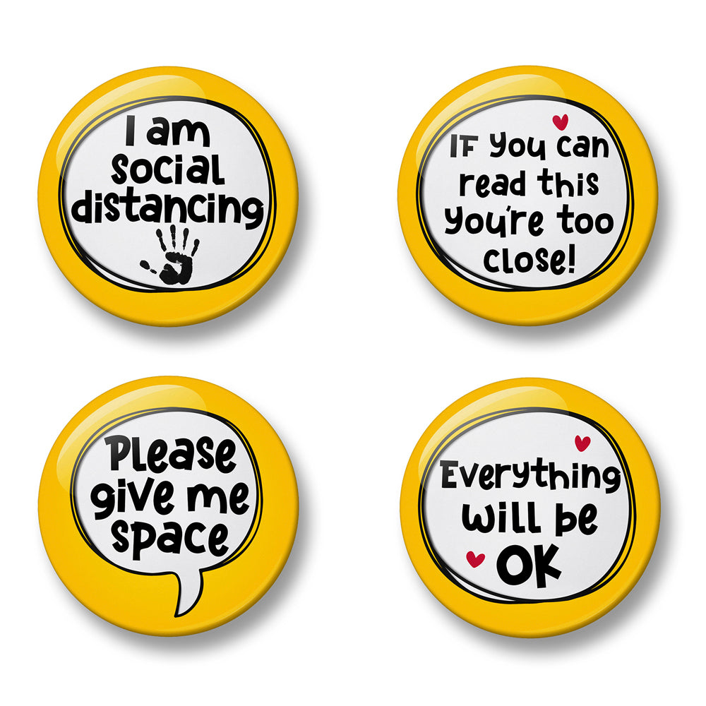 Social Distancing Awareness Pin Badge Set – Set of 4 Pins, 32mm or 44mm