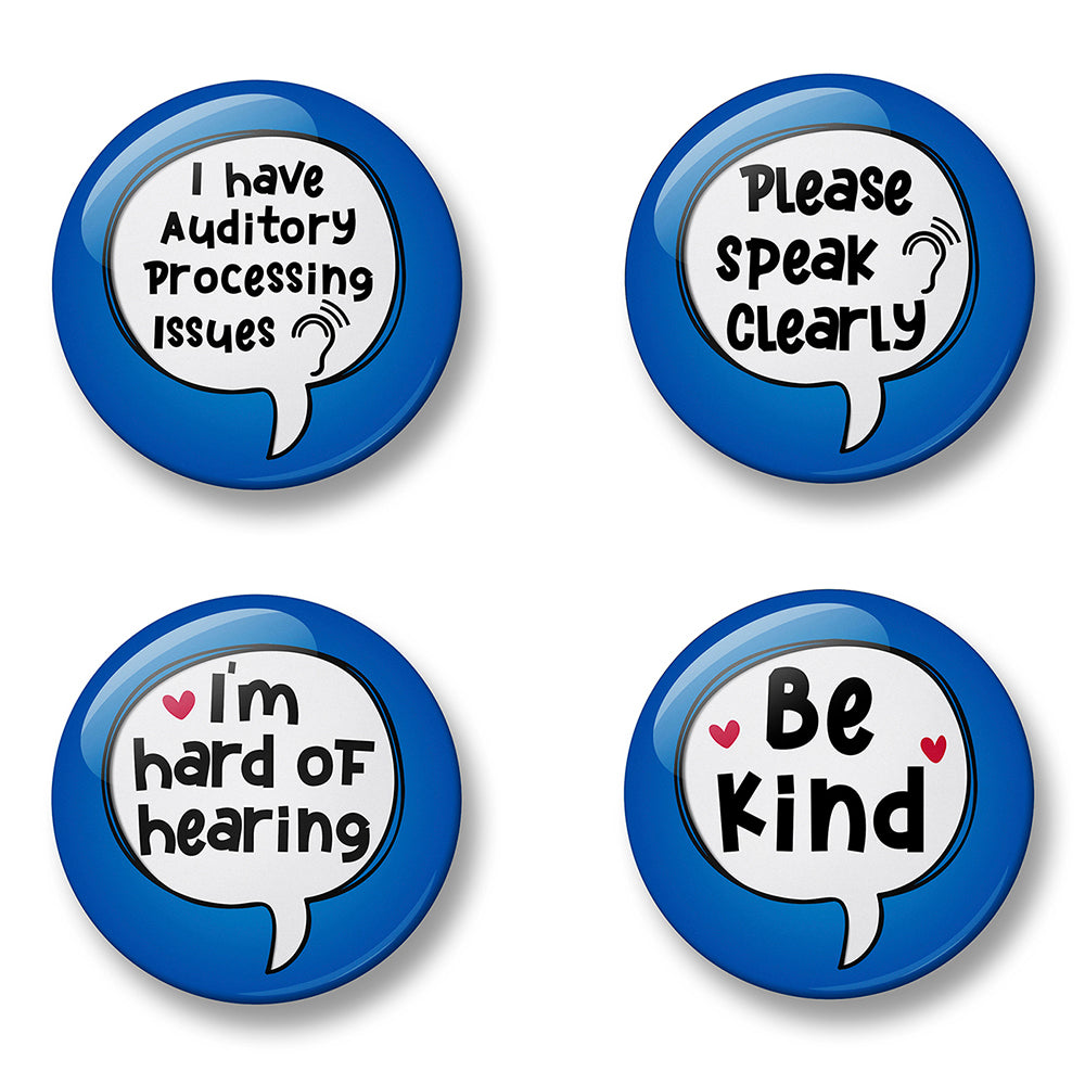 APD Auditory Processing Issues Awareness Pin Badge Set – Set of 4 Pins, 32mm or 44mm