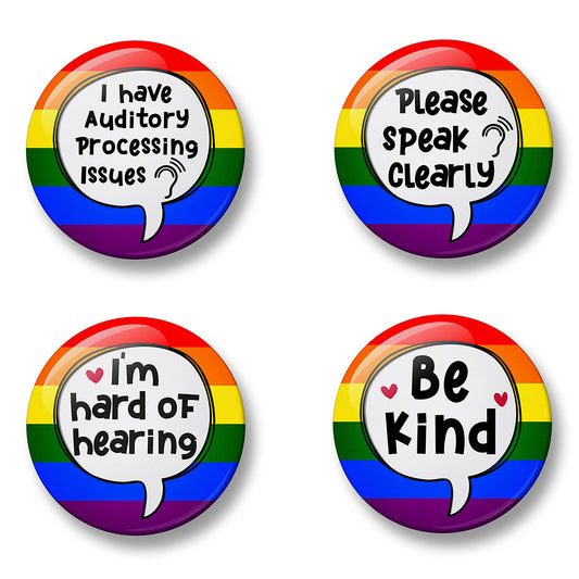 APD auditory processing disorder awareness pin badge set - 4 unique designs supporting auditory processing issues awareness