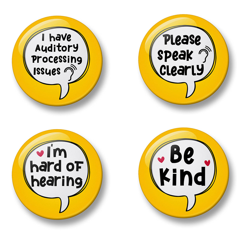 APD Auditory Processing Issues Awareness Pin Badge Set – Set of 4 Pins, 32mm or 44mm