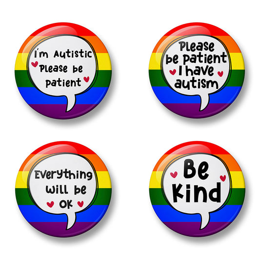 Autism awareness pin badge set with puzzle piece design, available in 32mm or 44mm, set of 4 pins for neurodiversity support