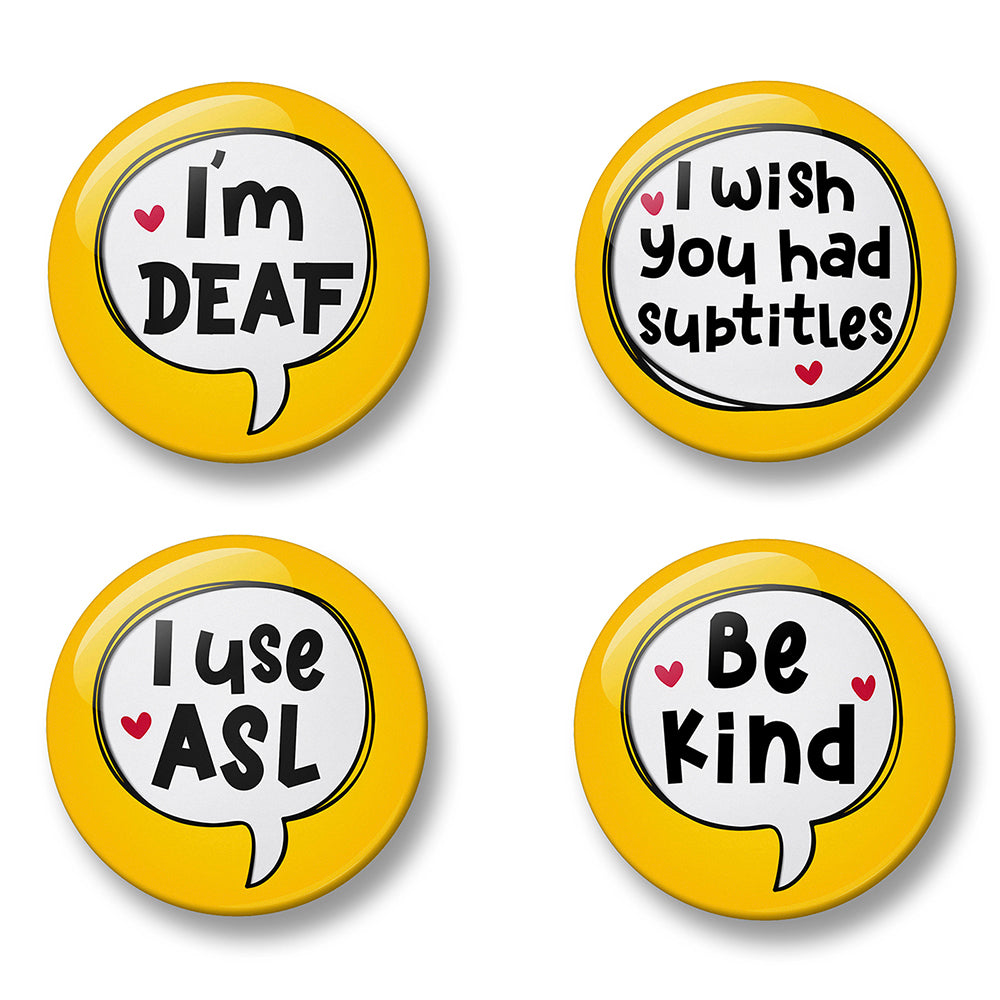 Deaf Awareness Pin Badge Set – Set of 4 Pins, 32mm or 44mm