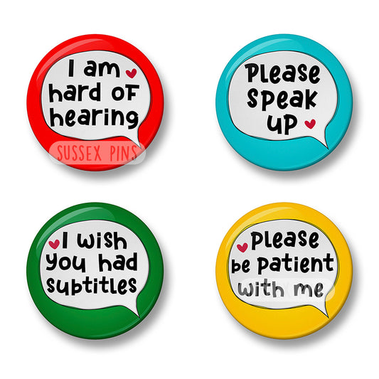 Hard of hearing awareness pin badge set - 4 unique designs showing hearing loss symbols and awareness ribbons