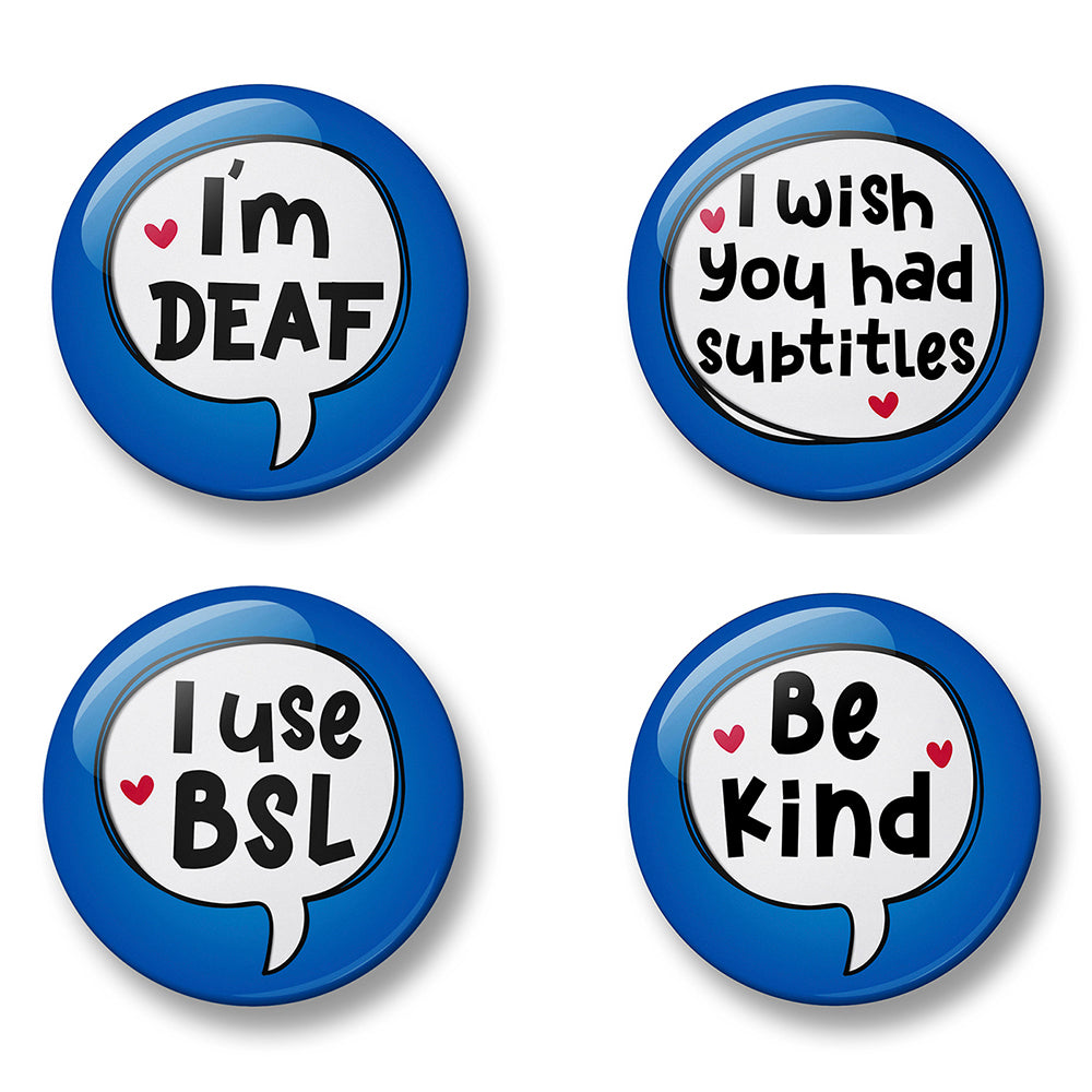 Deaf Awareness Pin Badge Set – Set of 4 Pins, 32mm or 44mm
