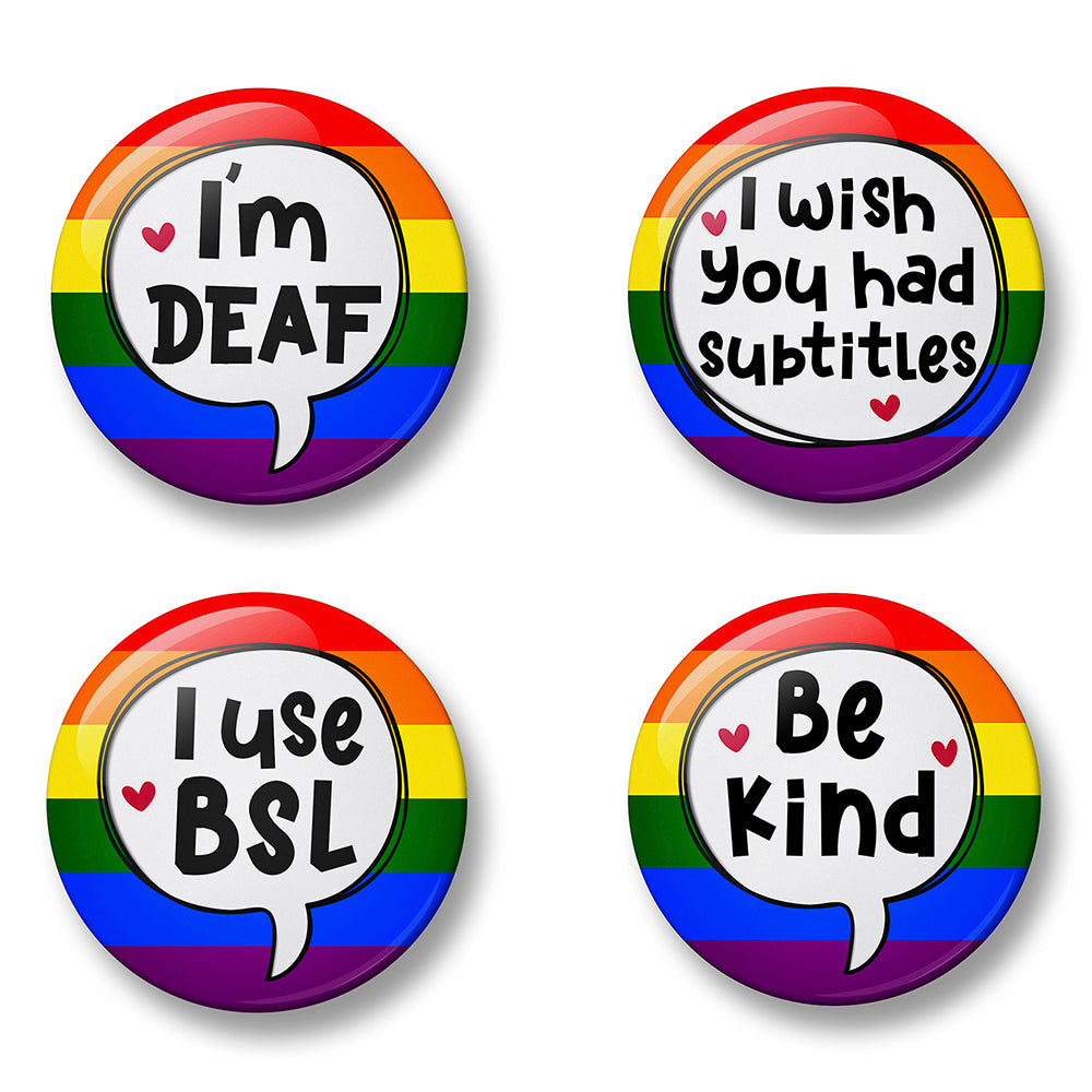 Deaf Awareness Pin Badge Set – Set of 4 Pins, 32mm or 44mm