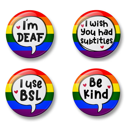 Deaf Awareness Pin Badge Set – Set of 4 Pins, 32mm or 44mm