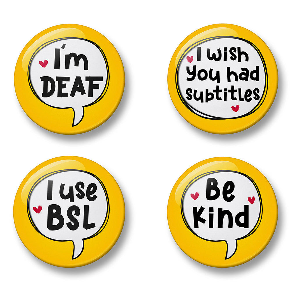 Deaf Awareness Pin Badge Set – Set of 4 Pins, 32mm or 44mm