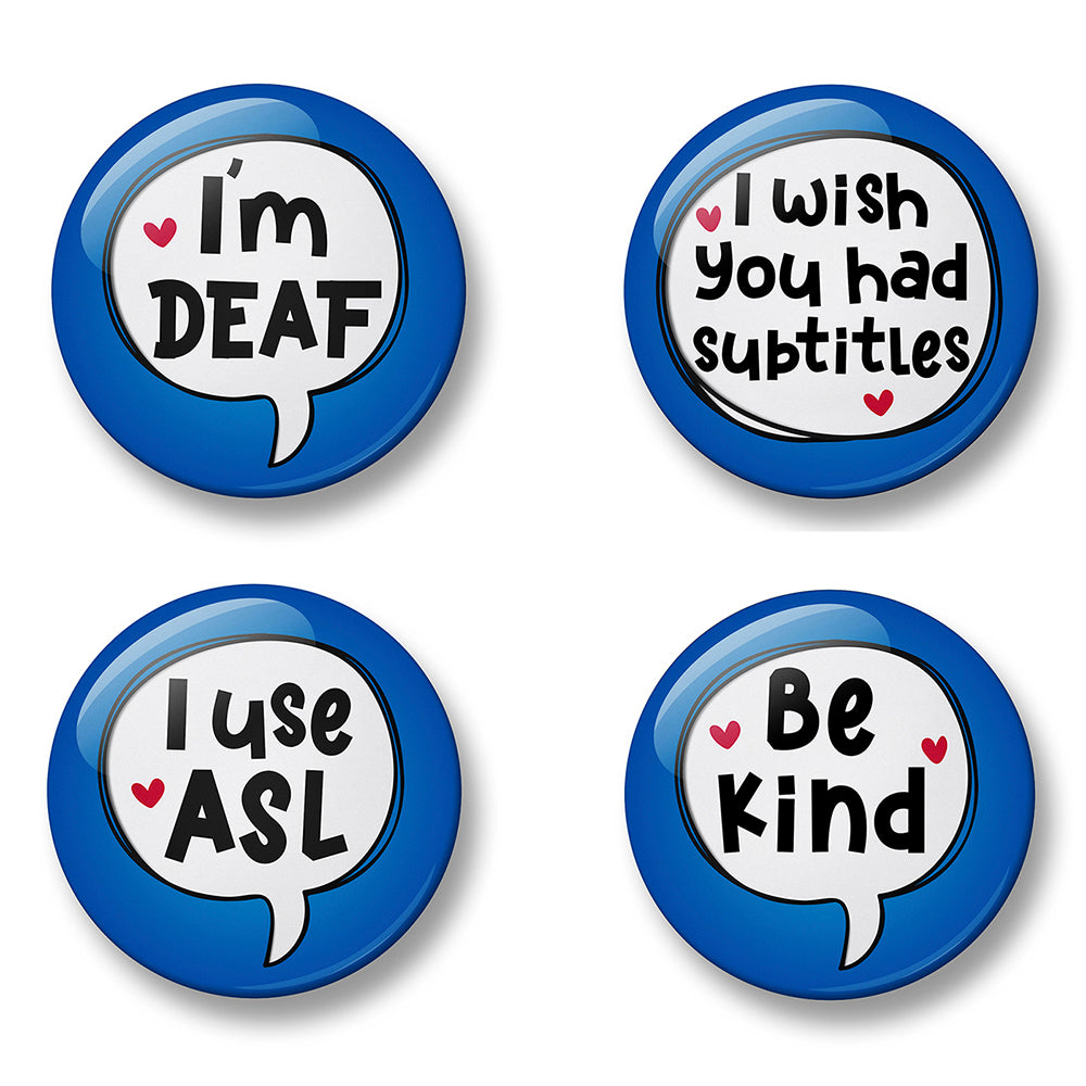 Deaf Awareness Pin Badge Set – Set of 4 Pins, 32mm or 44mm