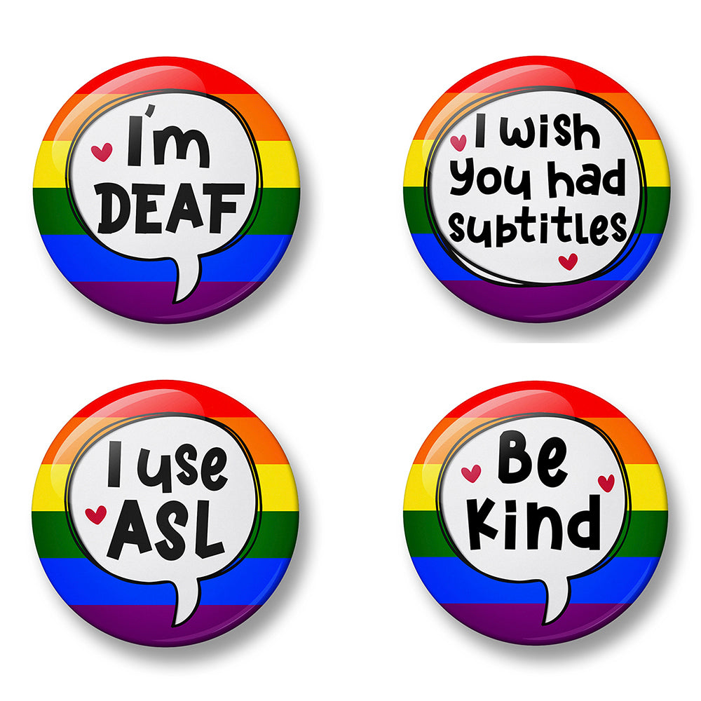Deaf Awareness Pin Badge Set – Set of 4 Pins, 32mm or 44mm