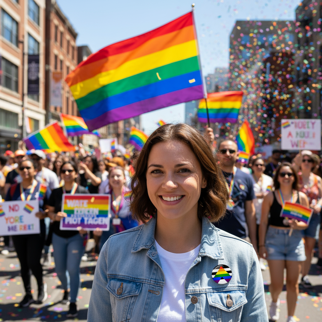Pride yürüyüşünde Ally flag pin takan kadın