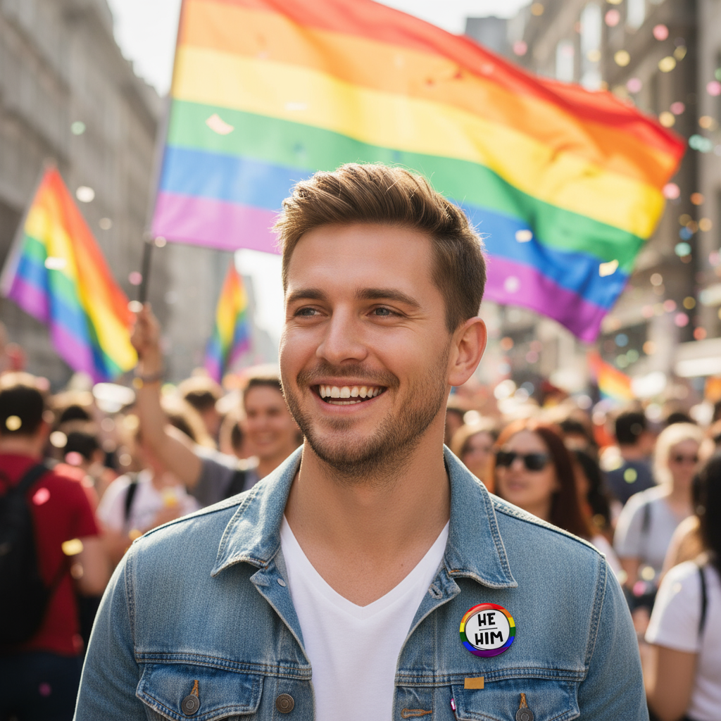 Pride yürüyüşünde he/him rainbow pronoun pin