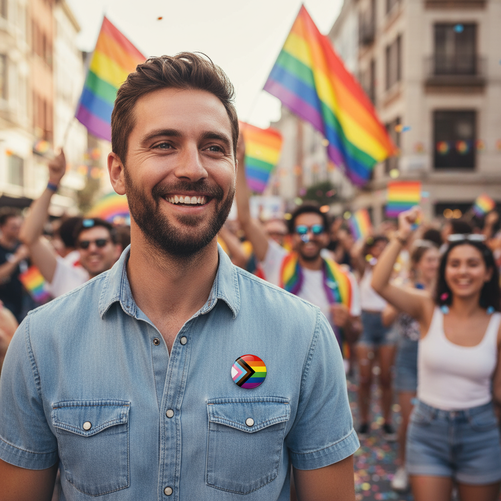 Pride yürüyüşünde Progress Pride flag pin takan adam