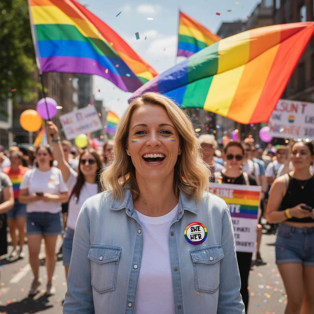 Pride yürüyüşünde she/her rainbow pronoun pin