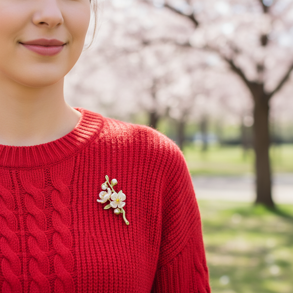 Sakura Cherry Blossom Brooch Parkta Kırmızı Kazak