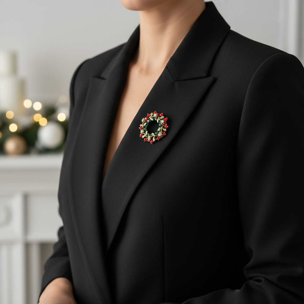 Vintage Christmas Wreath Brooch Siyah Ceket Üzerinde